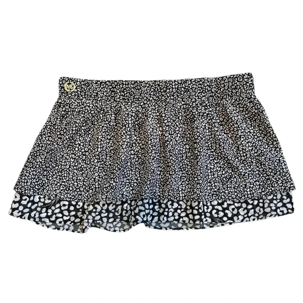 Michael Kors Animal Print Black and White Ruffle Cover Up Skirt Gold Logo Size M